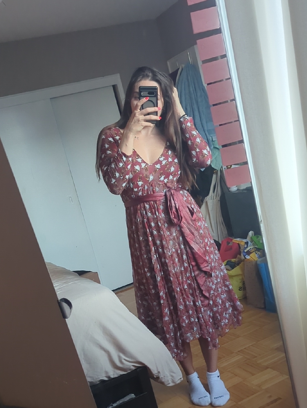 Stella McCartney Mauve Rust Floral Midi Dress with Tie Waist - Picture 4 of 5